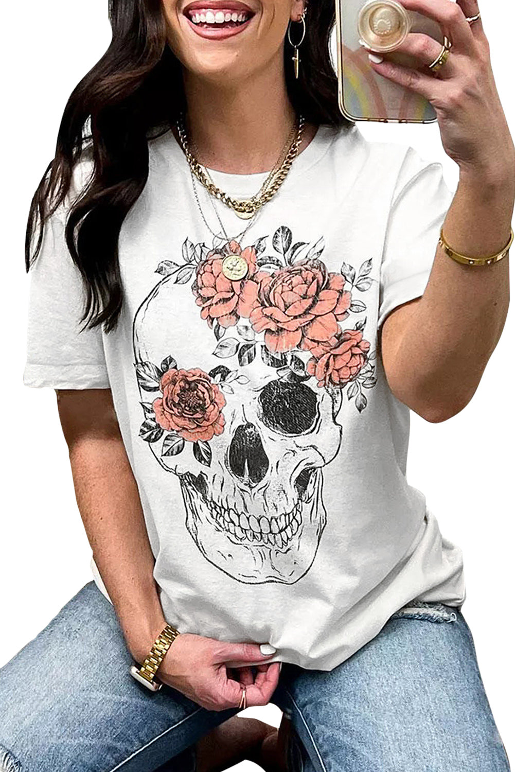 White Skull Flower Oversized Graphic Tee Graphic Tees JT's Designer Fashion