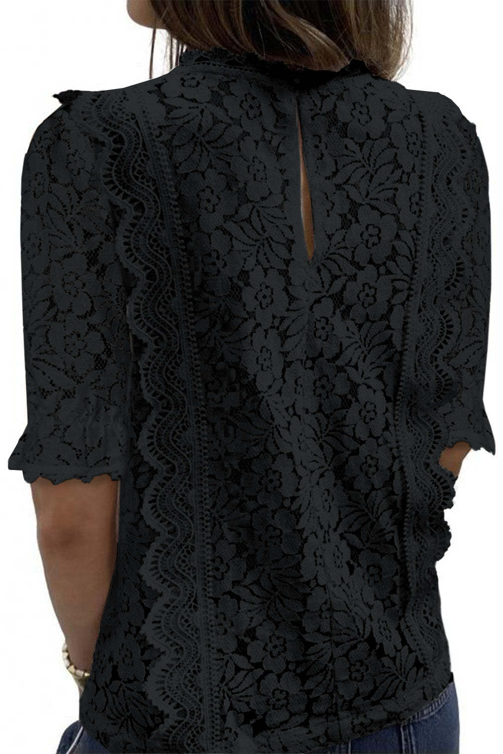 Black V Neck Lace Short Sleeve Top Tops & Tees JT's Designer Fashion