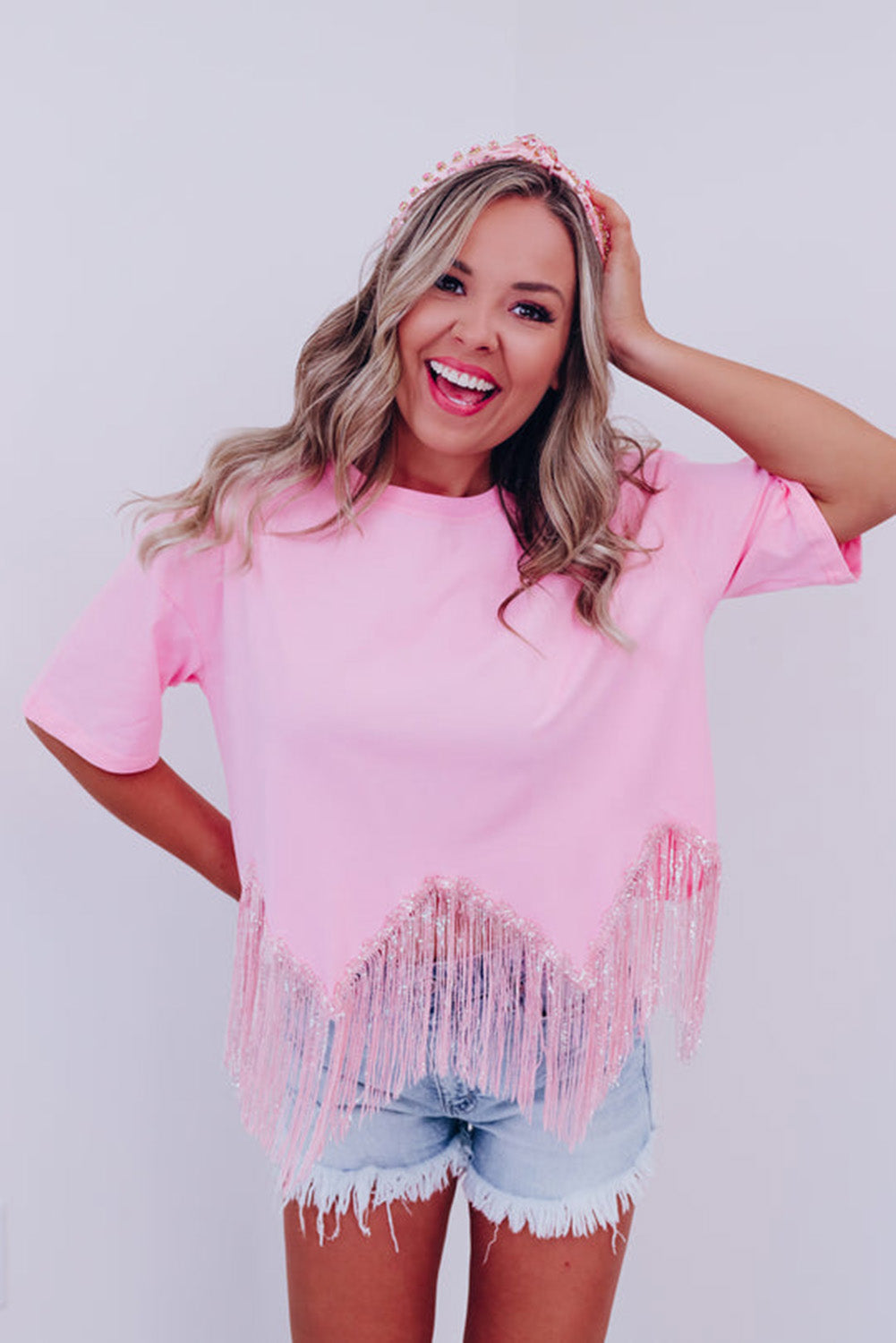 Pink Fringed Sequin Crop T-shirt Tops & Tees JT's Designer Fashion