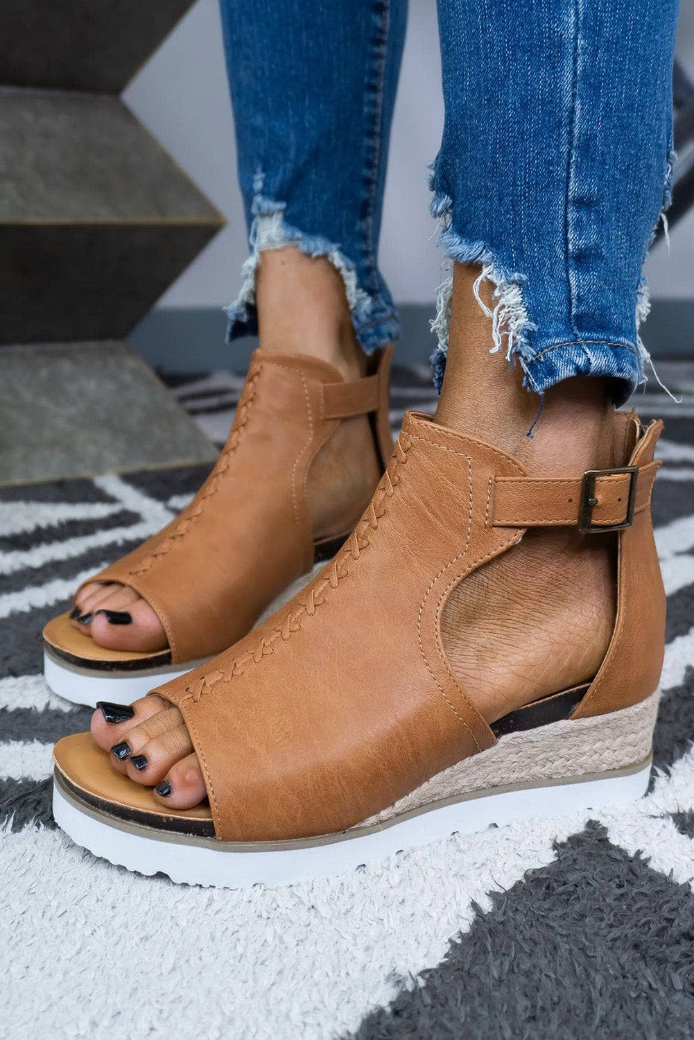 Brown Cutout Buckle Strap Platform Sandals Sandals JT's Designer Fashion