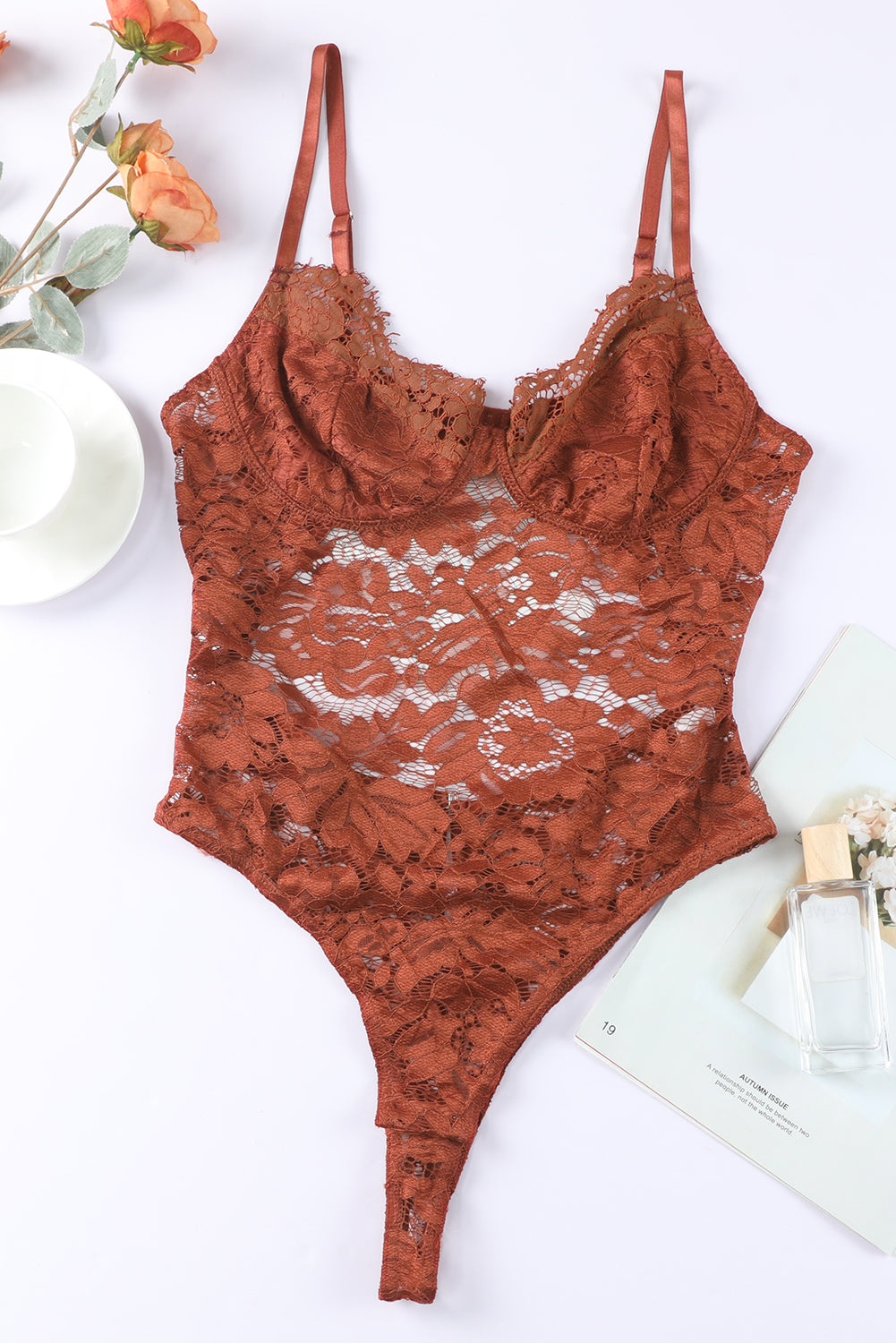 Brown Floral Lace Spaghetti Straps Cut out Back Bodysuit Bodysuits JT's Designer Fashion