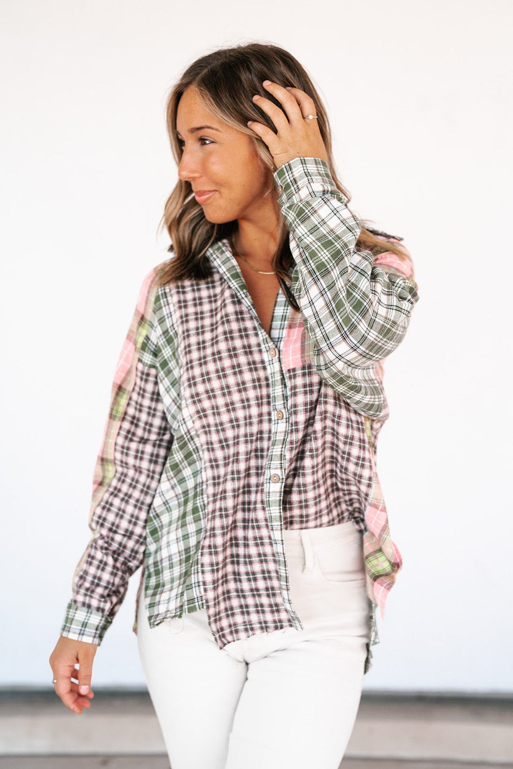 Multicolor Plaid Patchwork High Low Oversized Shirt Tops & Tees JT's Designer Fashion