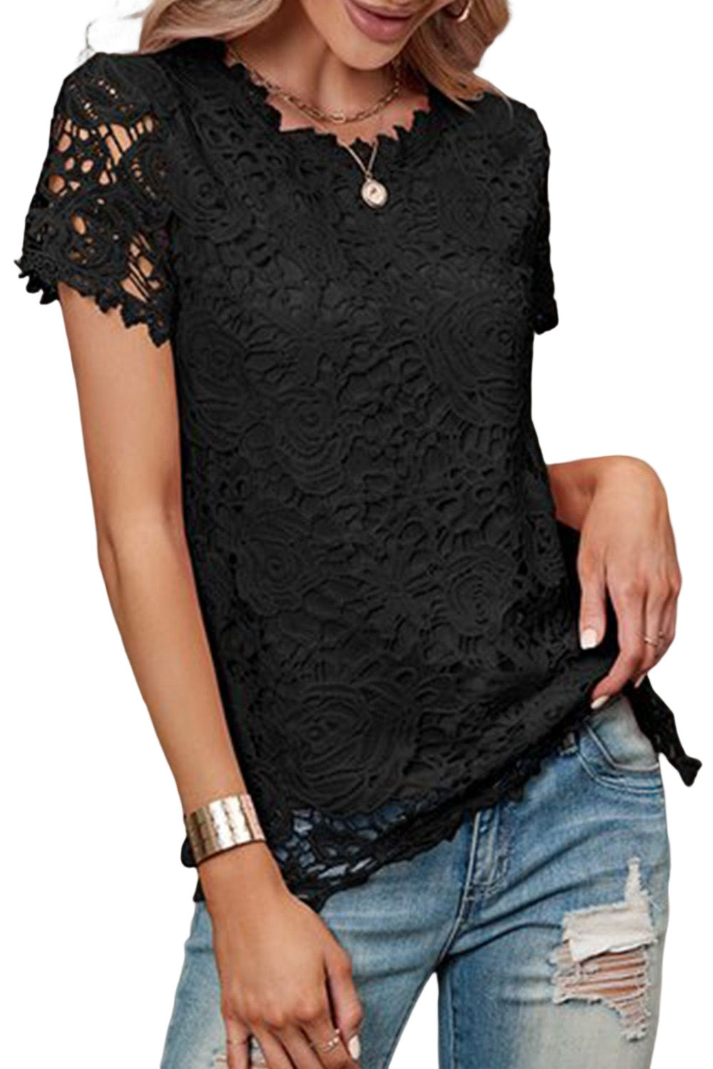 Black Lace Overlay Short Sleeve Top Tops & Tees JT's Designer Fashion