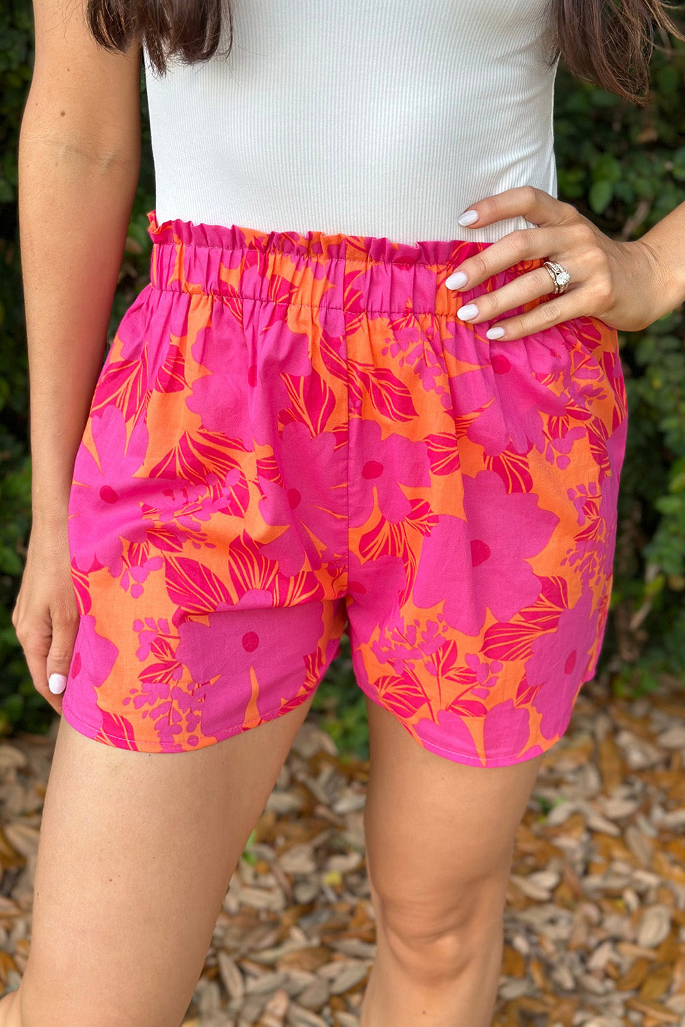 Pink Floral Print Smocked Waist Shorts Bottoms JT's Designer Fashion