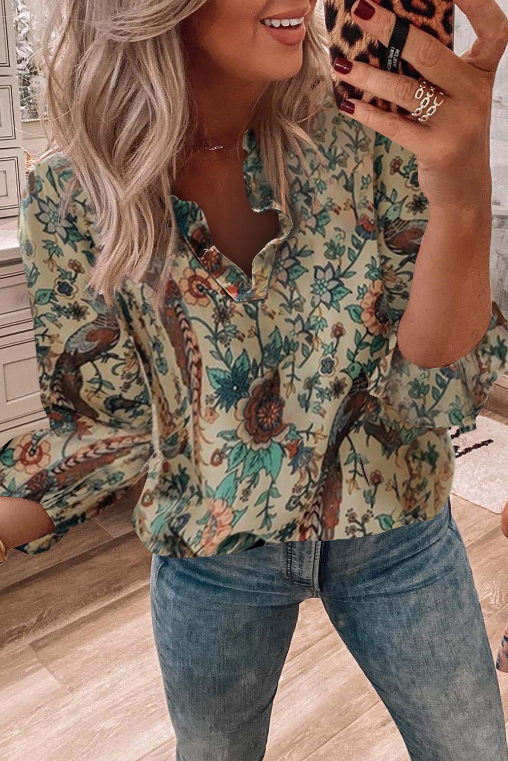 Apricot Floral Frilled V Neck Long Sleeve Blouse Blouses & Shirts JT's Designer Fashion