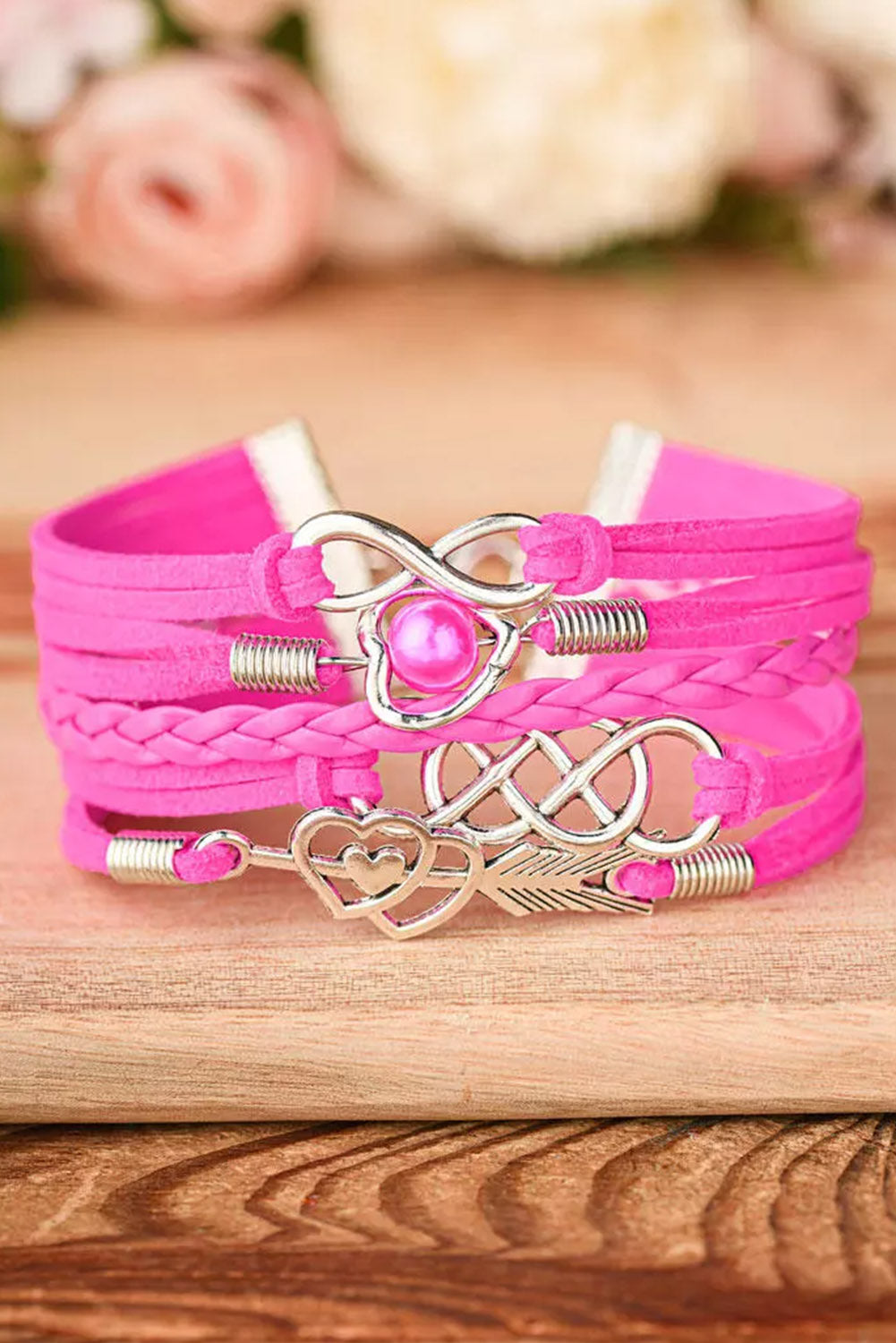 Rose Red Multi-layer Vintage Leather Heart Braided Infinity Bracelet Jewelry JT's Designer Fashion