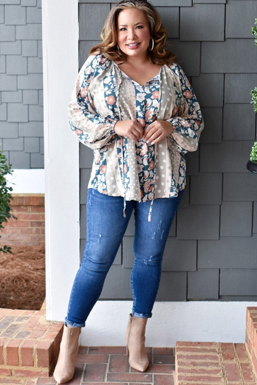 Multicolor Plus Size Mixed Print Split Neck Blouse Plus Size JT's Designer Fashion