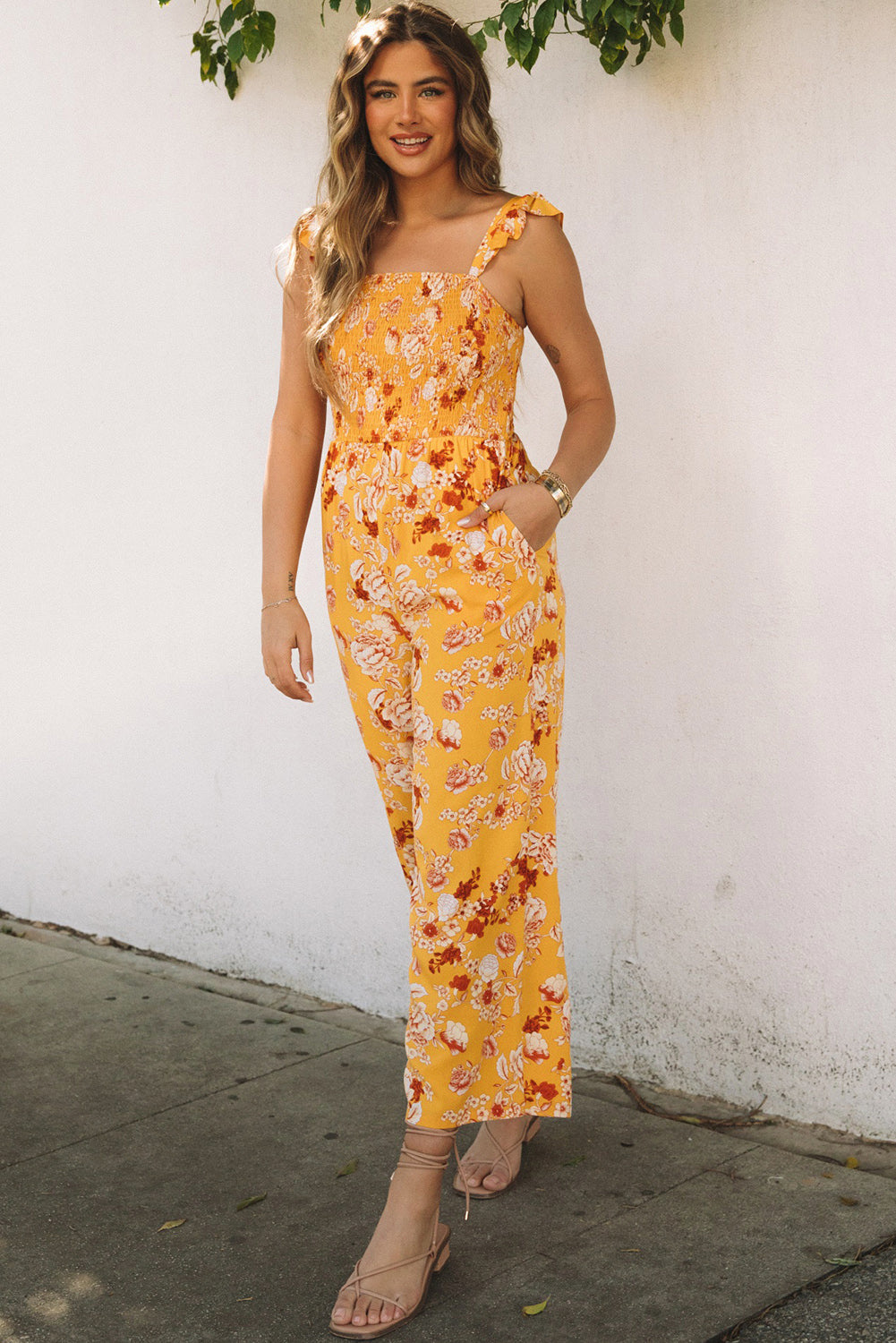 Yellow Floral Print Ruffle Shoulder Smocked Wide Leg Jumpsuit Jumpsuits & Rompers JT's Designer Fashion