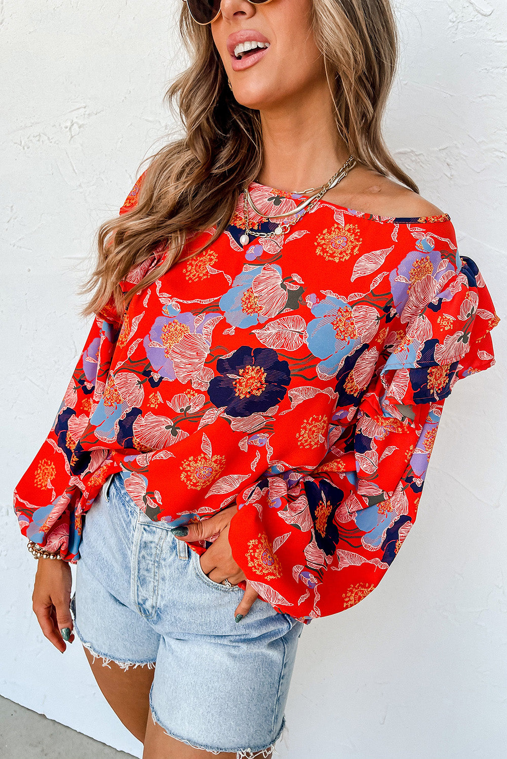 Orange Printed Boat Neck Ruffle Puff Sleeve Plus Size Floral Blouse Plus Size JT's Designer Fashion