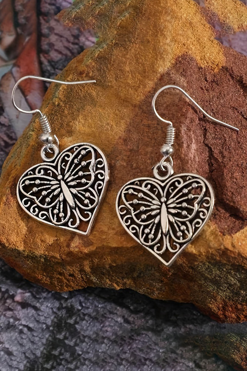 Silvery Retro Hollowed Butterfly Heart Pendant Earrings Jewelry JT's Designer Fashion