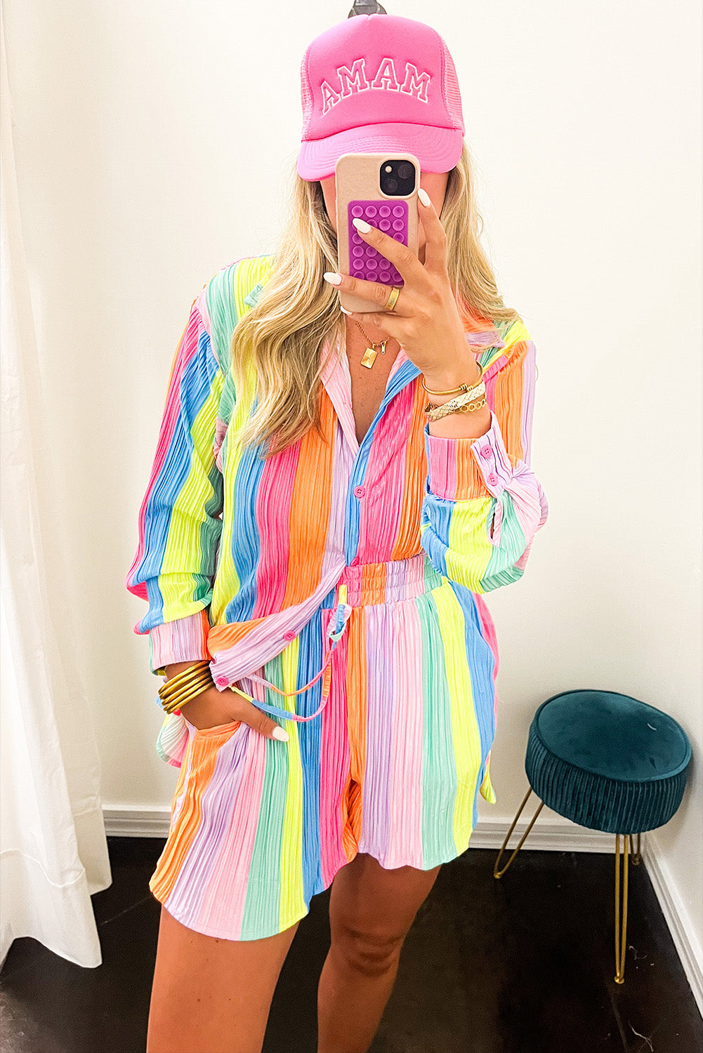 Multicolor Rainbow Stripe Crinckle Shirt and Shorts Outfit Bottoms JT's Designer Fashion