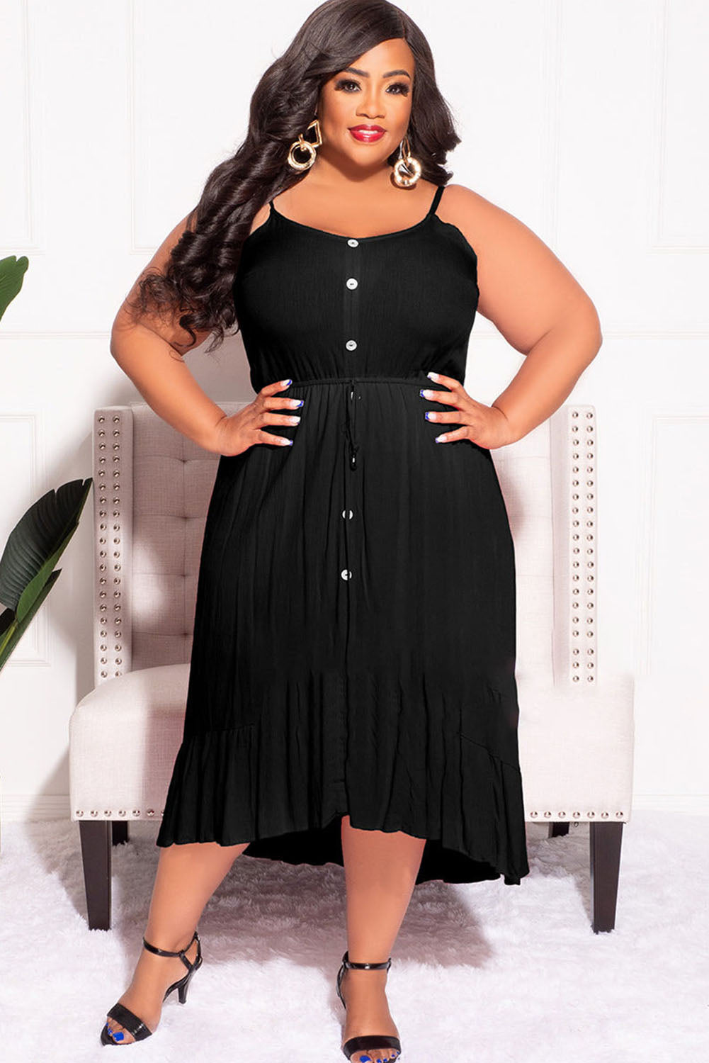 Black Plus Size Spaghetti Straps Buttoned Ruffle Midi Dress Plus Size Dresses JT's Designer Fashion