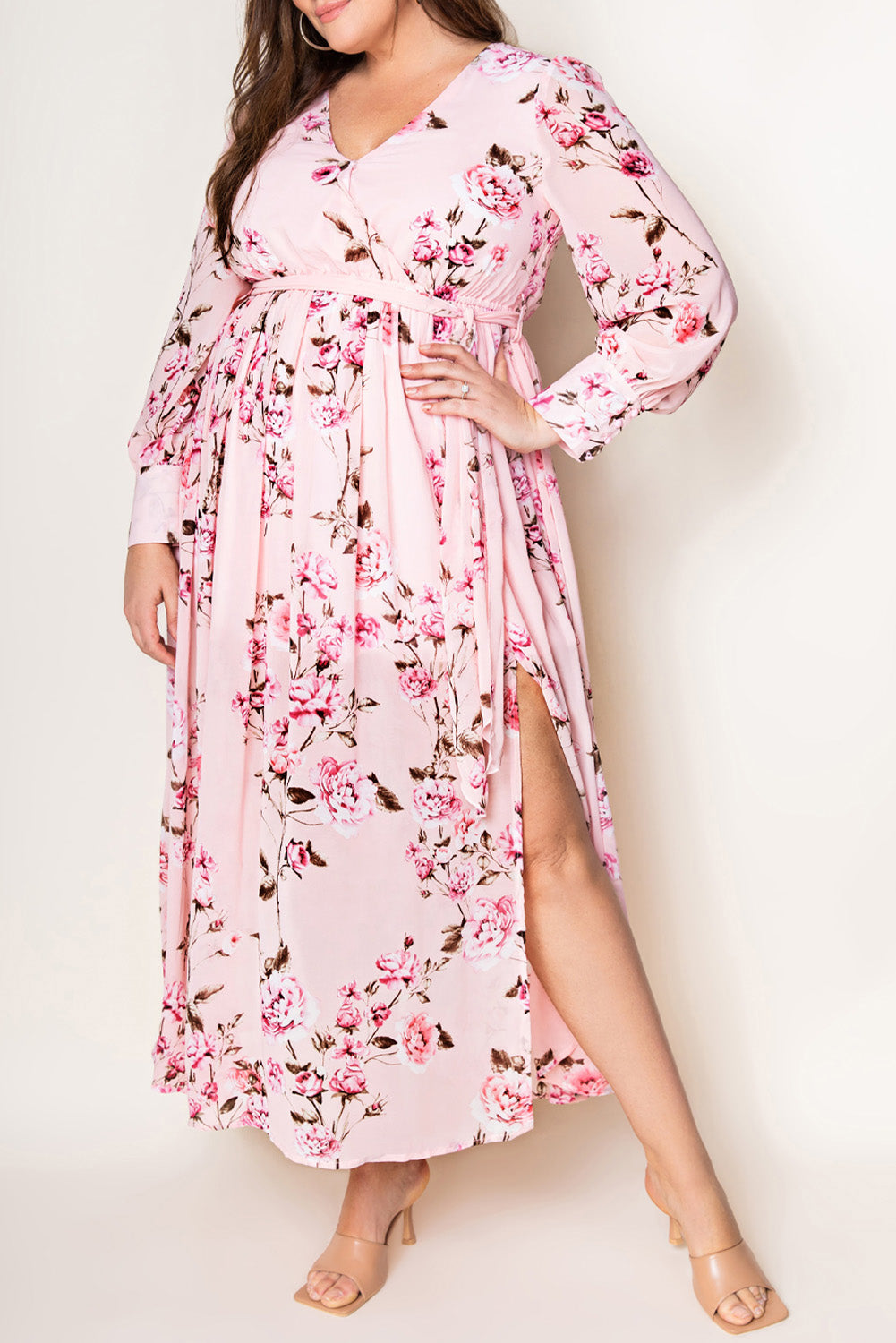 Pink Plus Size Floral Long Sleeve Surplice Tied Split Dress Plus Size JT's Designer Fashion