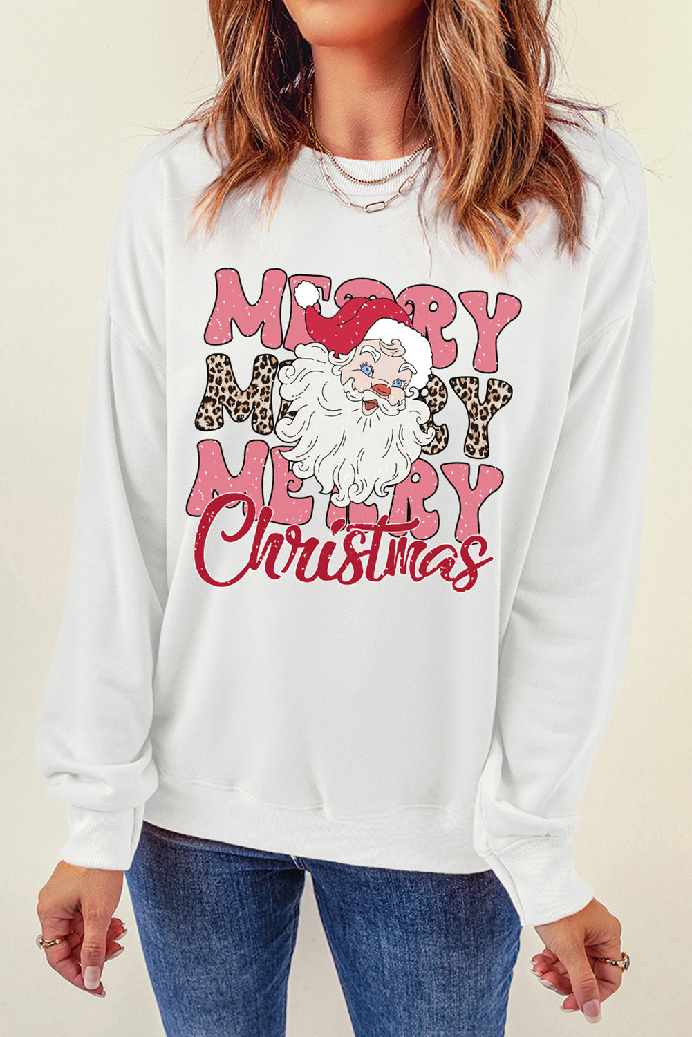 Beige MERRY Christmas Santa Claus Print Crewneck Sweatshirt Graphic Sweatshirts JT's Designer Fashion