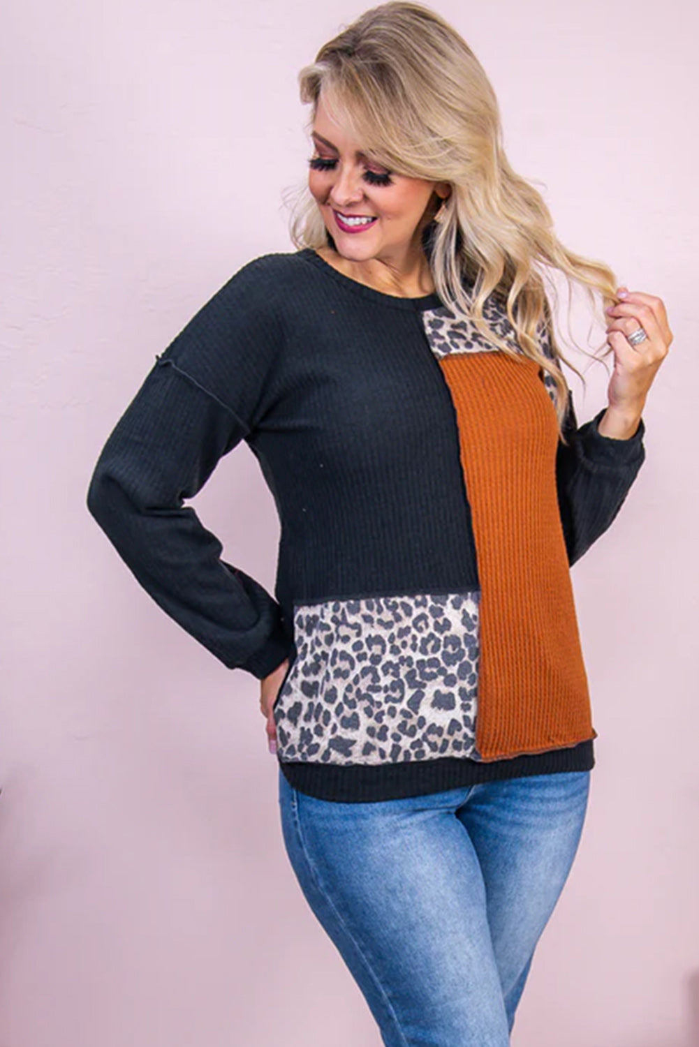 Black white Colorblock Leopard Patchwork Waffle Knit Plus Size Top Plus Size JT's Designer Fashion