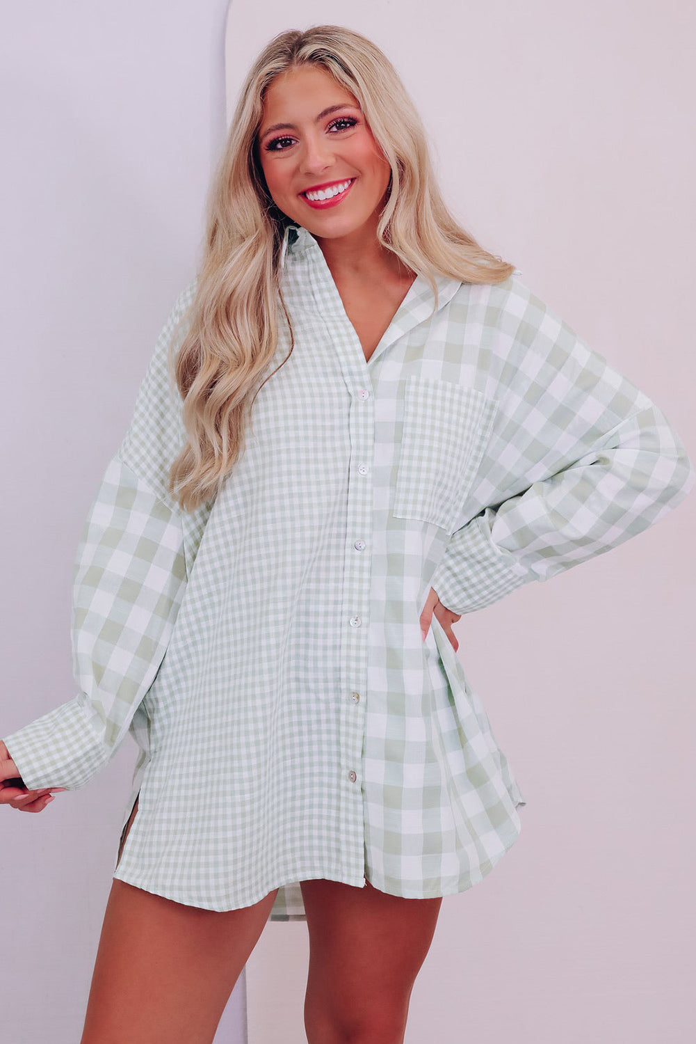 Green Mix Checked Patchwork Long Sleeve Shirt Tops & Tees JT's Designer Fashion