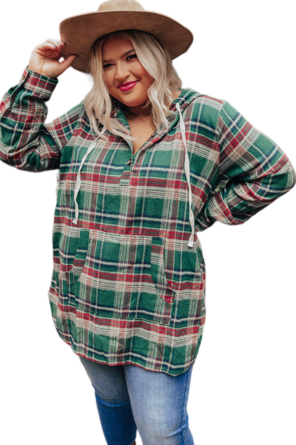 Green Plus Size Plaid Kangaroo Pocket Drawstring Hoodie Plus Size JT's Designer Fashion