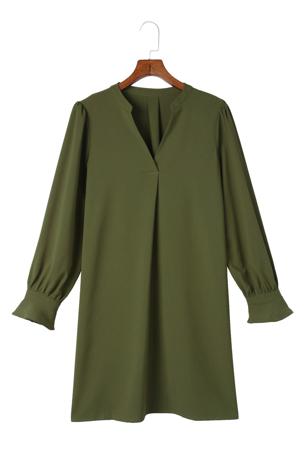 Green Split V Neck Ruffled Sleeves Shirt Dress Mini Dresses JT's Designer Fashion