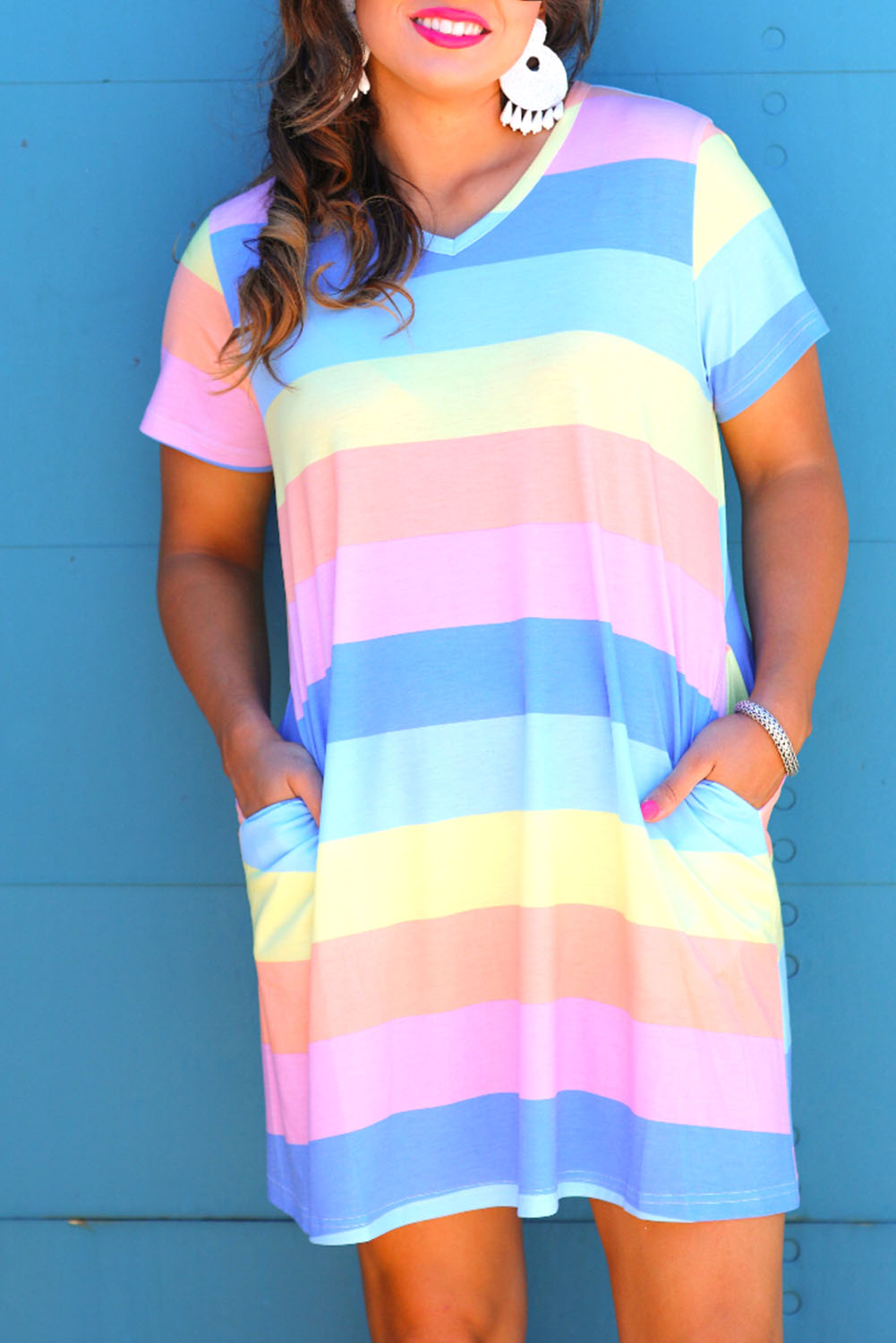 Multicolor Colorblock Pocketed V Neck T-shirt Dress Plus Size Dresses JT's Designer Fashion