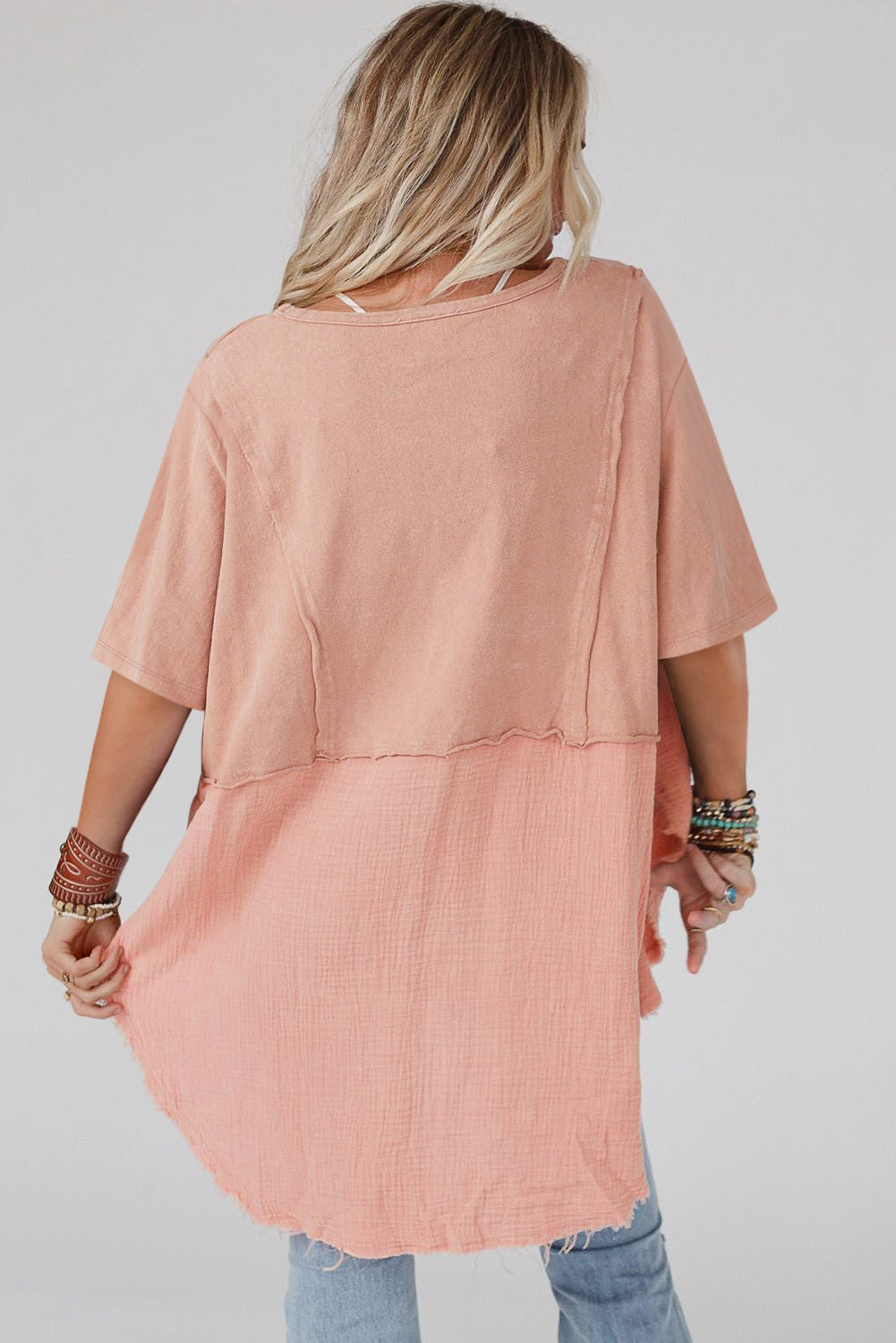 Apricot Pink Half Sleeve Raw Seam Oversized Blouse Tops & Tees JT's Designer Fashion