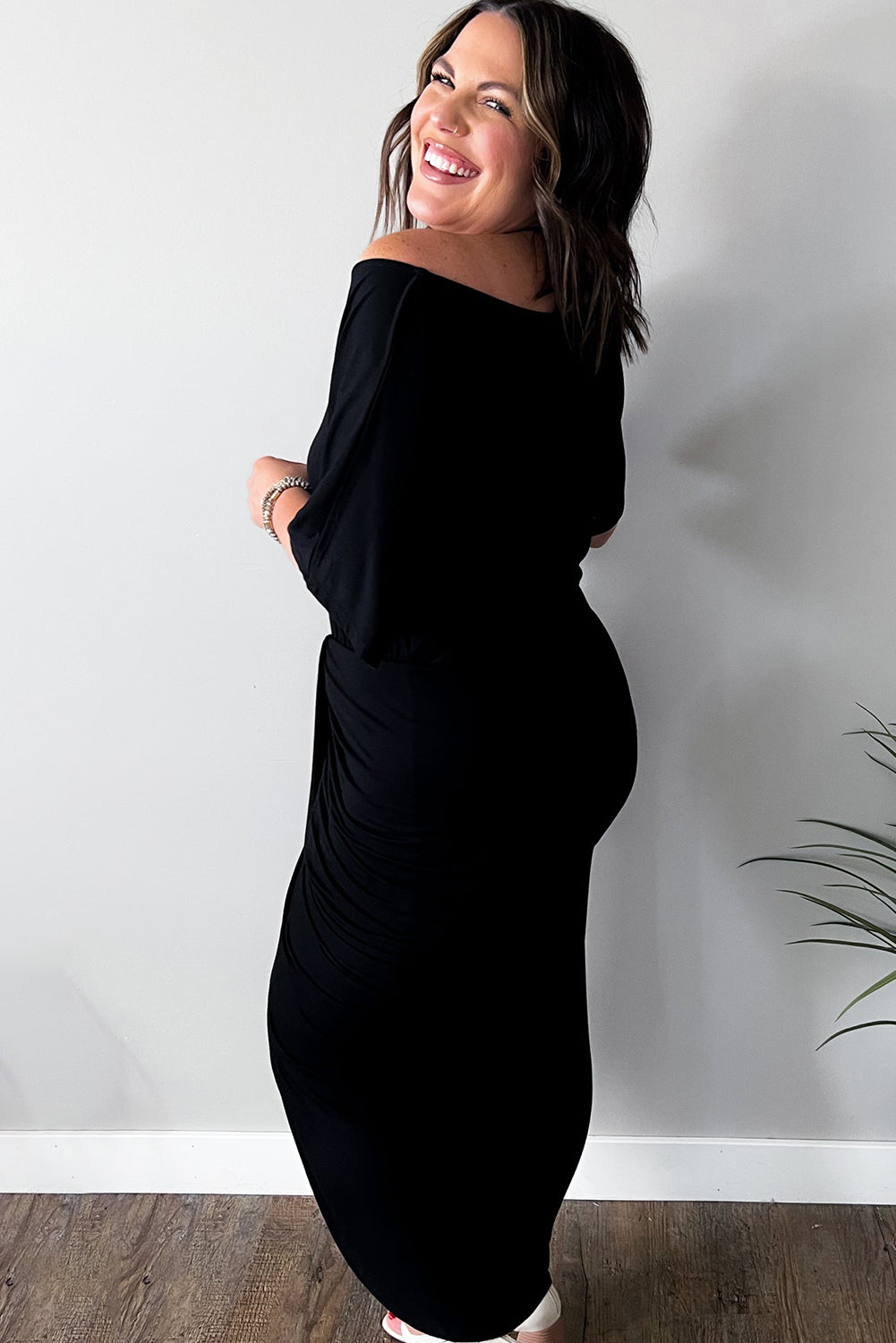 Black Side Split High Waist Short Sleeve Plus Size Maxi Dress Plus Size Dresses JT's Designer Fashion