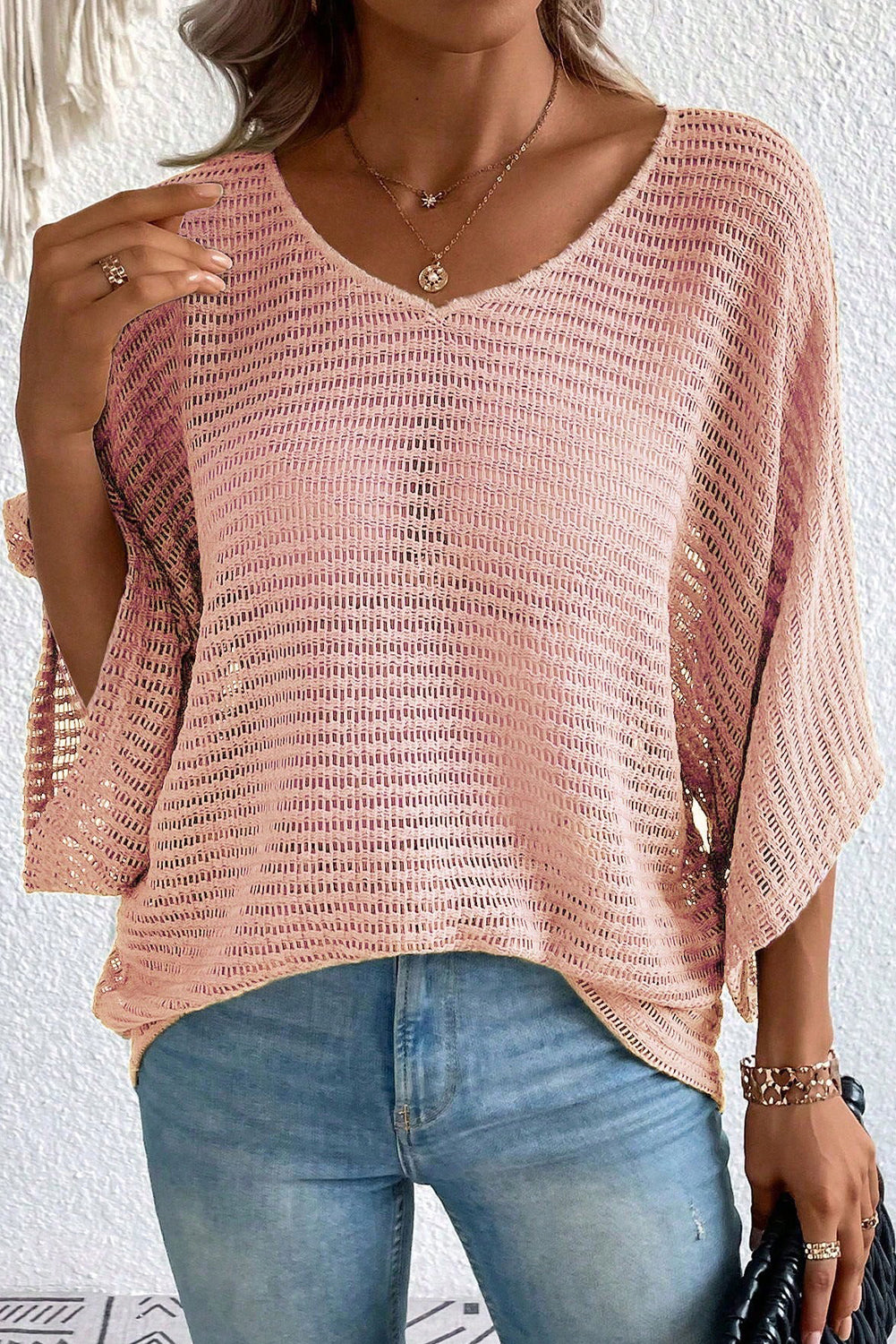 Dusty Pink Textured Batwing Sleeve V Neck Blouse Tops & Tees JT's Designer Fashion