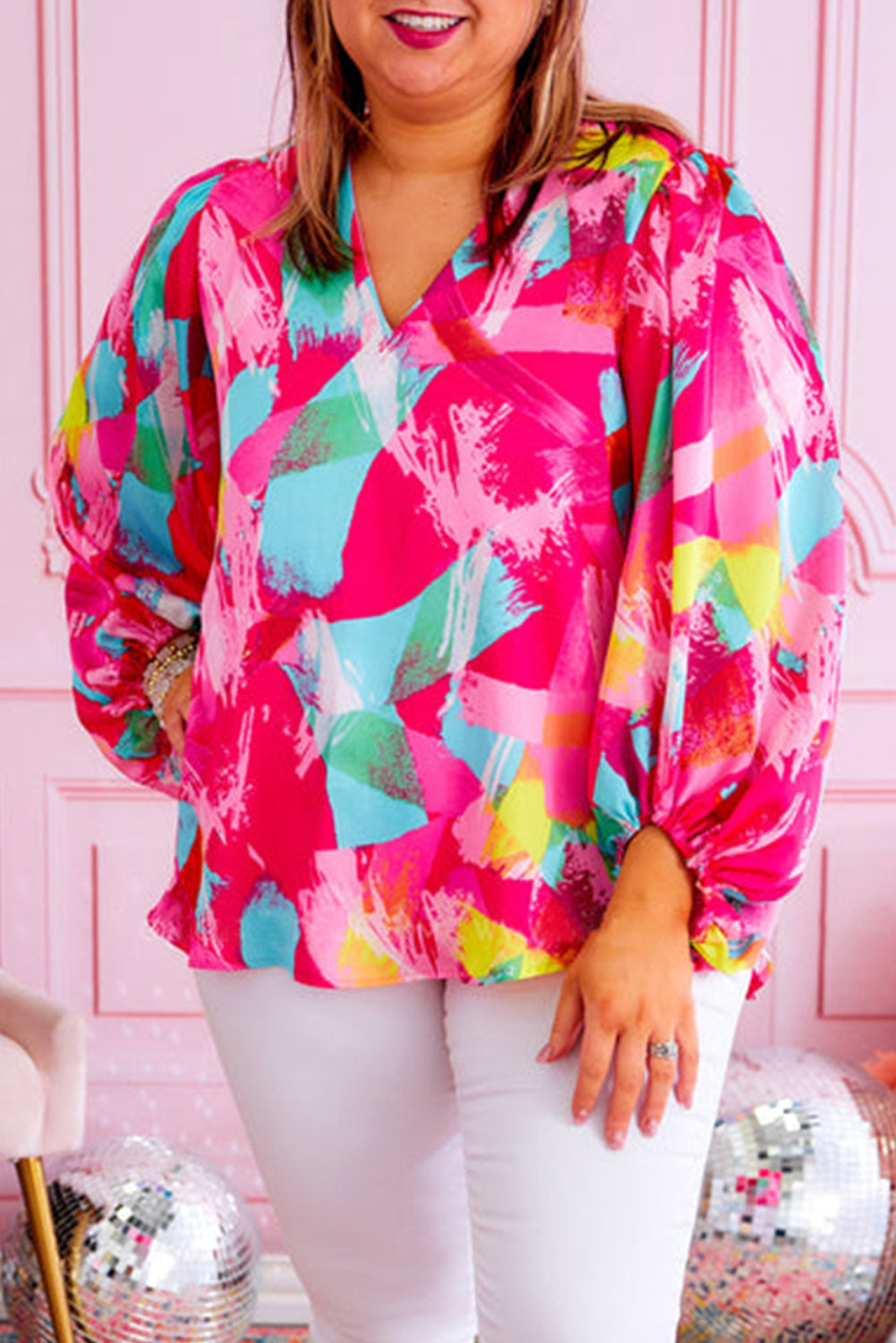 Pink Plus Size Graffiti Print Split Neck Puff Sleeve Blouse Plus Size JT's Designer Fashion