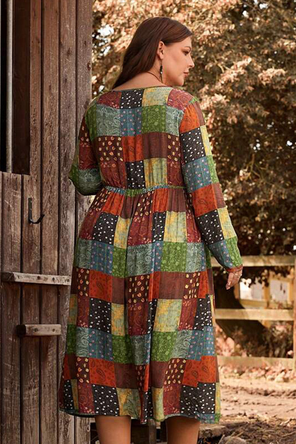 Green Printed Checkered Patchwork Print Plus Size Swing Dress Plus Size JT's Designer Fashion