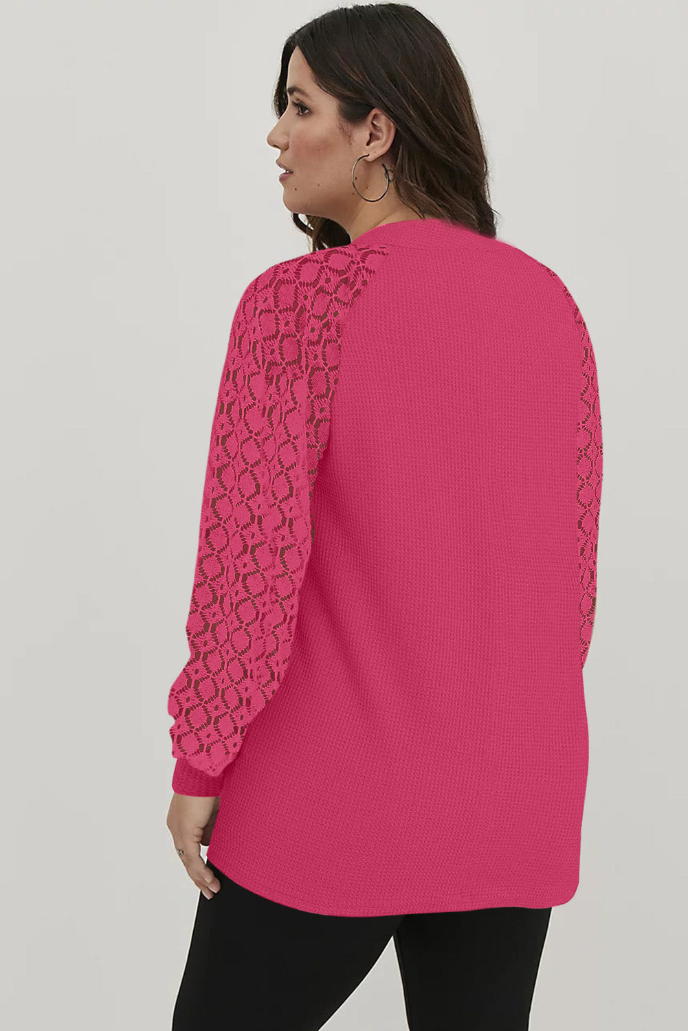 Strawberry Pink Plus Size Contrast Lace Sleeve Waffle Knit Top Plus Size JT's Designer Fashion