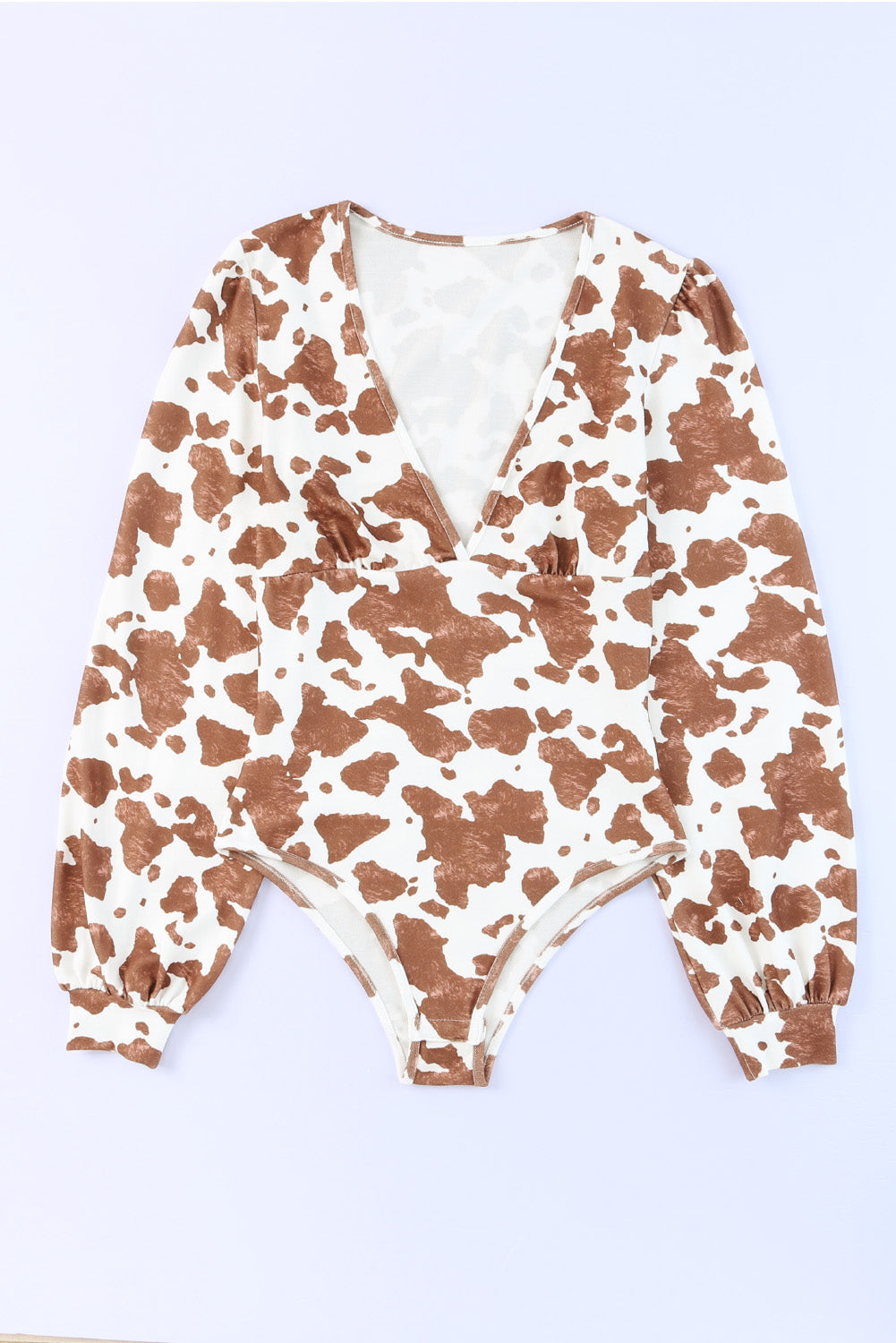 White Cow Print Deep V Neck Long Sleeve Bodysuit Bodysuits JT's Designer Fashion