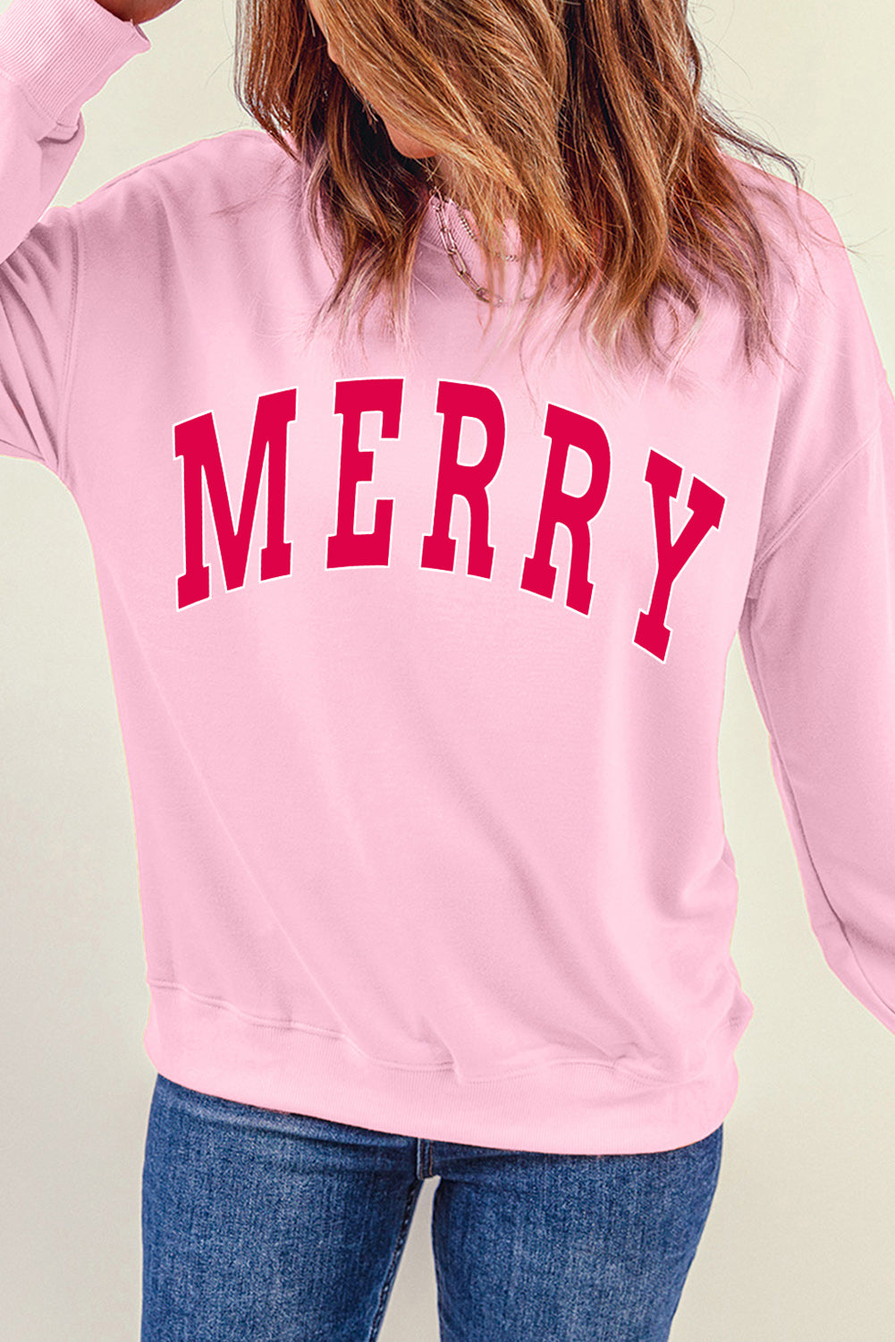 Pink MERRY Alphabet Print Loose Fit Christmas Sweatshirt Graphic Sweatshirts JT's Designer Fashion