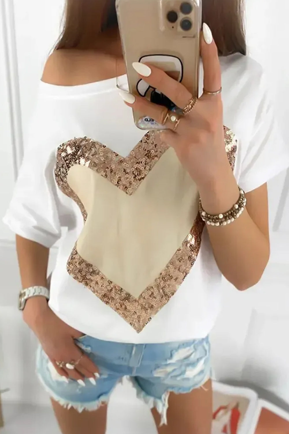 White Valentine Sequin Heart Shape Graphic T-shirt Tops & Tees JT's Designer Fashion