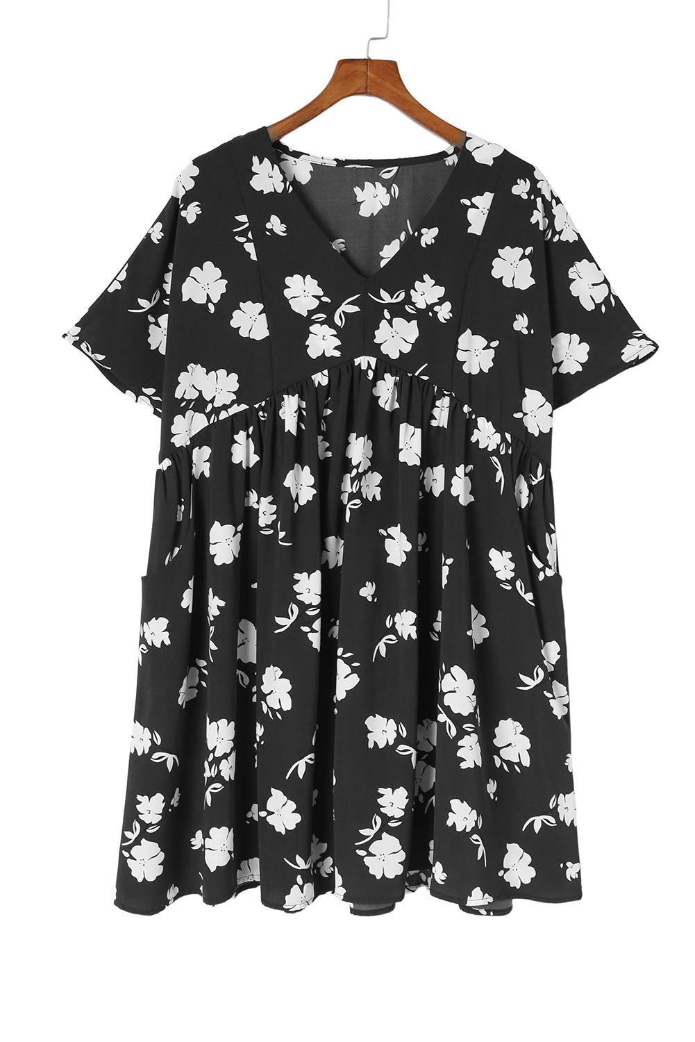 Black Khaki V Neck Floral Babydoll Dress with Pockets Floral Dresses JT's Designer Fashion