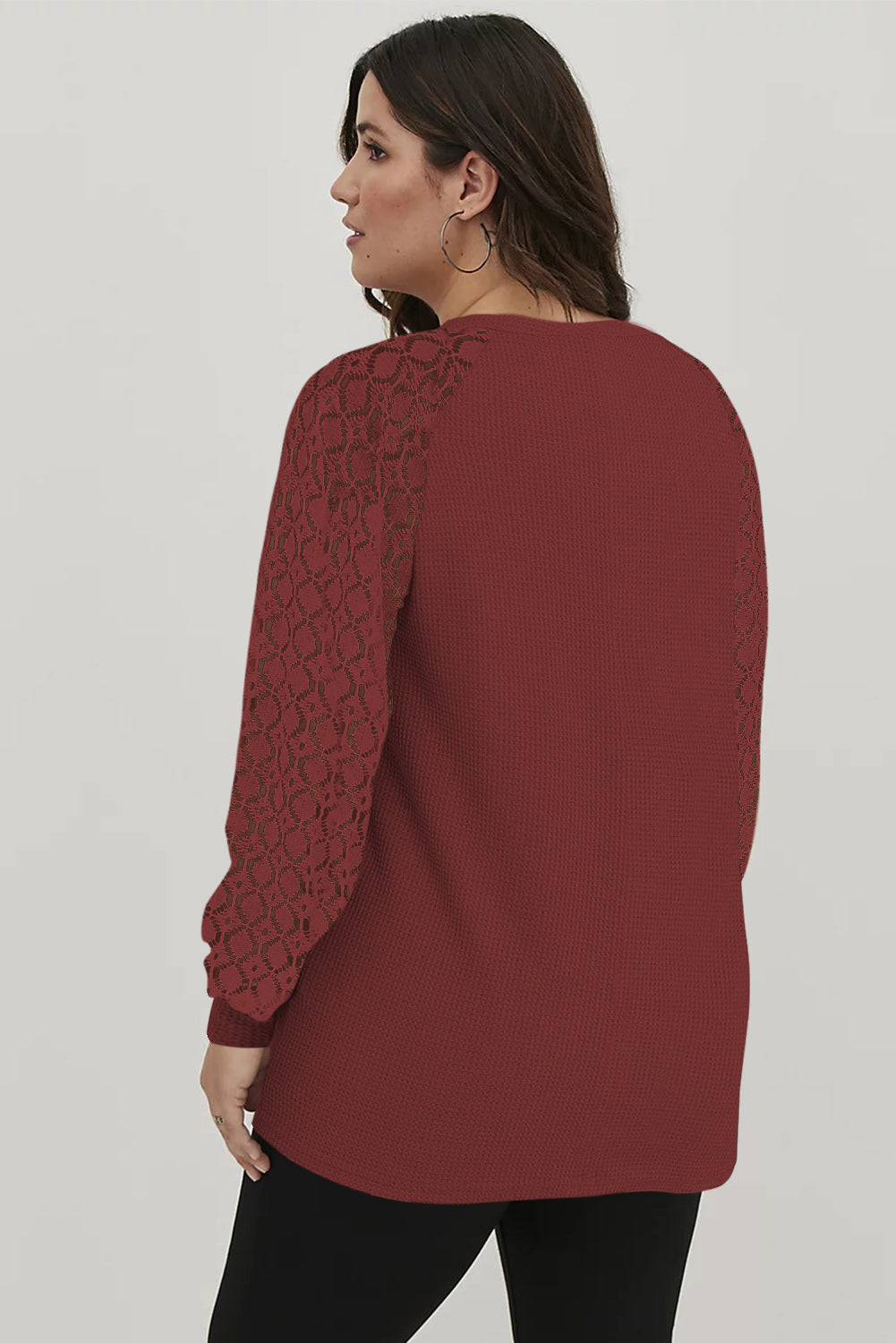 Red Plus Size Contrast Lace Sleeve Waffle Knit Top Plus Size JT's Designer Fashion