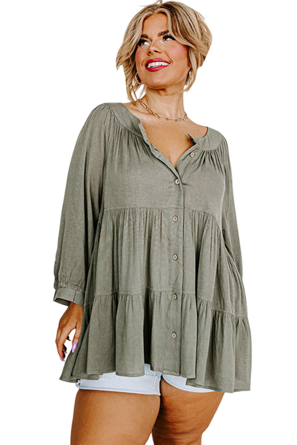 Green Button Down Split Neck Plus Size Ruffle Tiered Shirt Plus Size JT's Designer Fashion