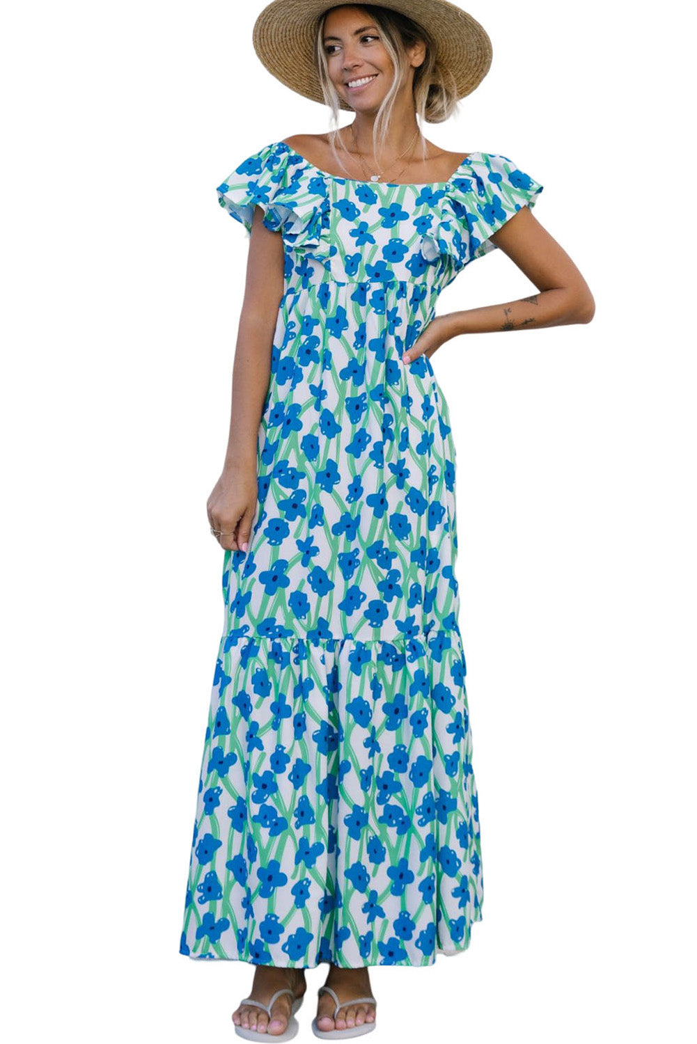 Sky Blue Boho Floral Print Maxi Dress Maxi Dresses JT's Designer Fashion