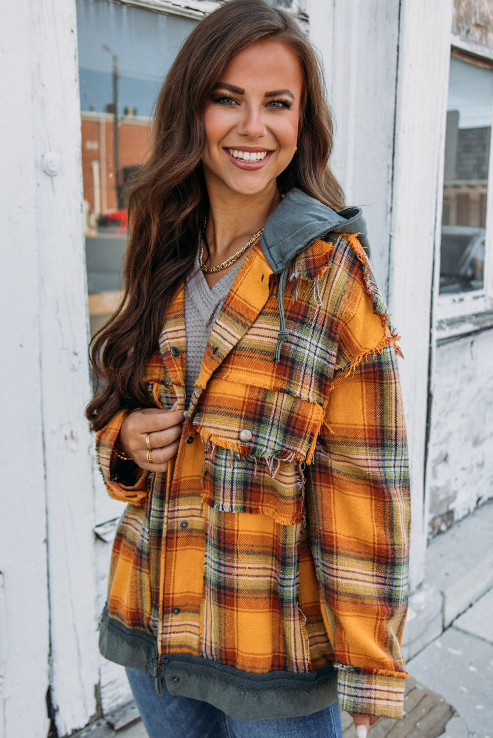 Yellow Printed Distressed Plaid Contrast Hooded Plus Jacket Plus Size JT's Designer Fashion