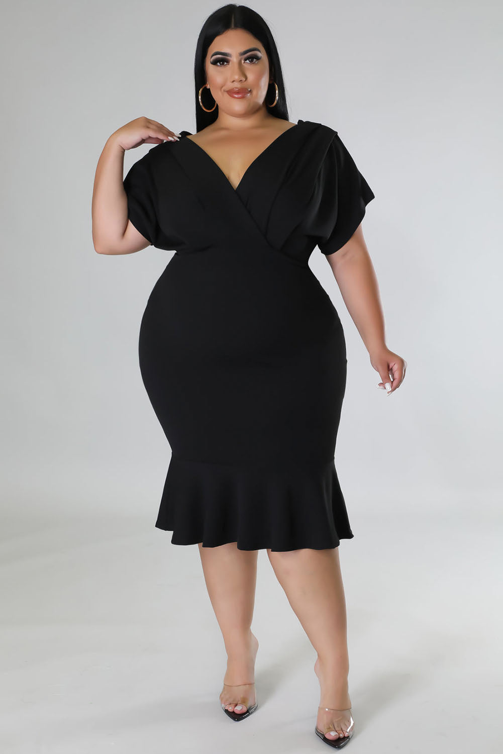 Black Plus Size Pleated V Neck Ruffle Hem Bodycon Dress Plus Size Dresses JT's Designer Fashion