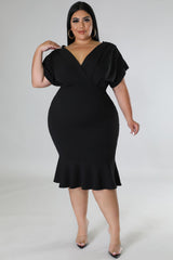 Black Plus Size Pleated V Neck Ruffle Hem Bodycon Dress Plus Size Dresses JT's Designer Fashion
