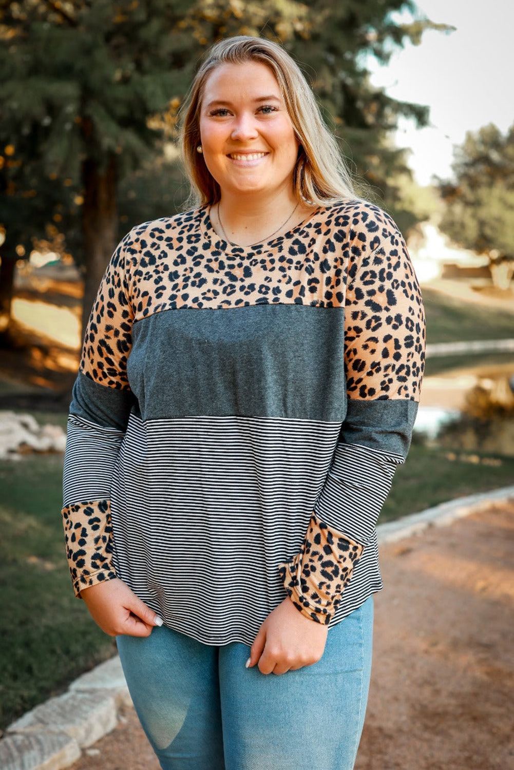 Leopard Plus Size Cow/Leopard Stripes Patchwork Long Sleeve Tee Plus Size JT's Designer Fashion