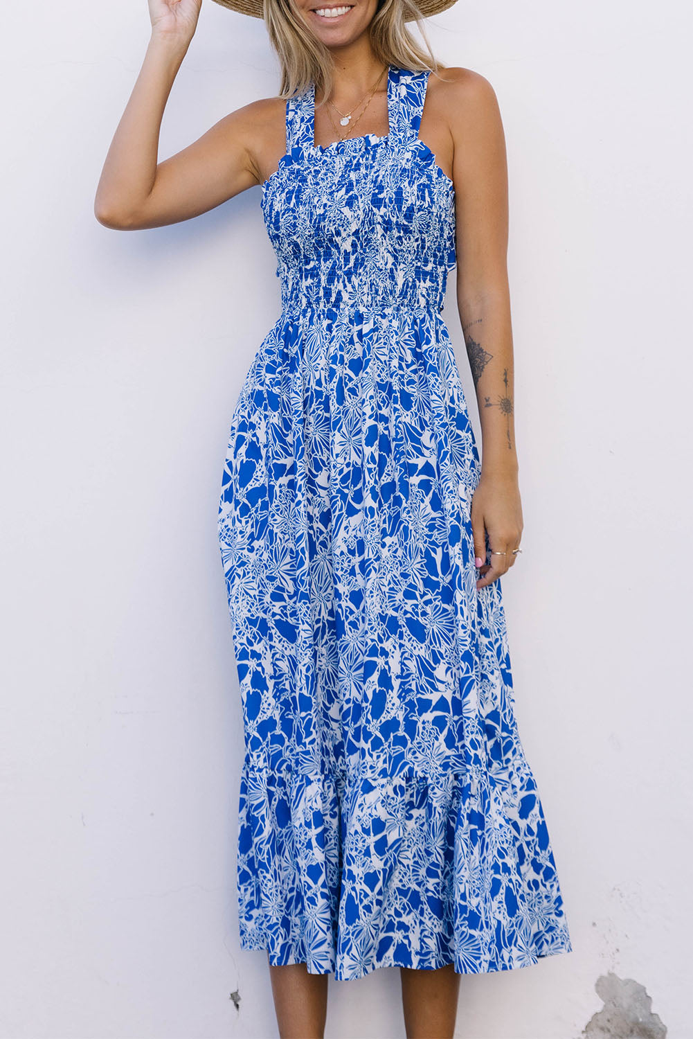 Blue Floral Print Smocked Criss Cross Tie Back Midi Dress Floral Dresses JT's Designer Fashion