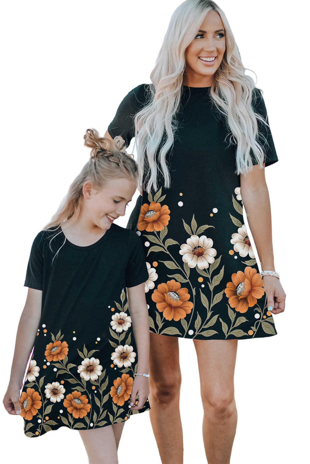 Black Family Matching Floral Printed Short Sleeve Girl's Mini Dress Family Dress JT's Designer Fashion