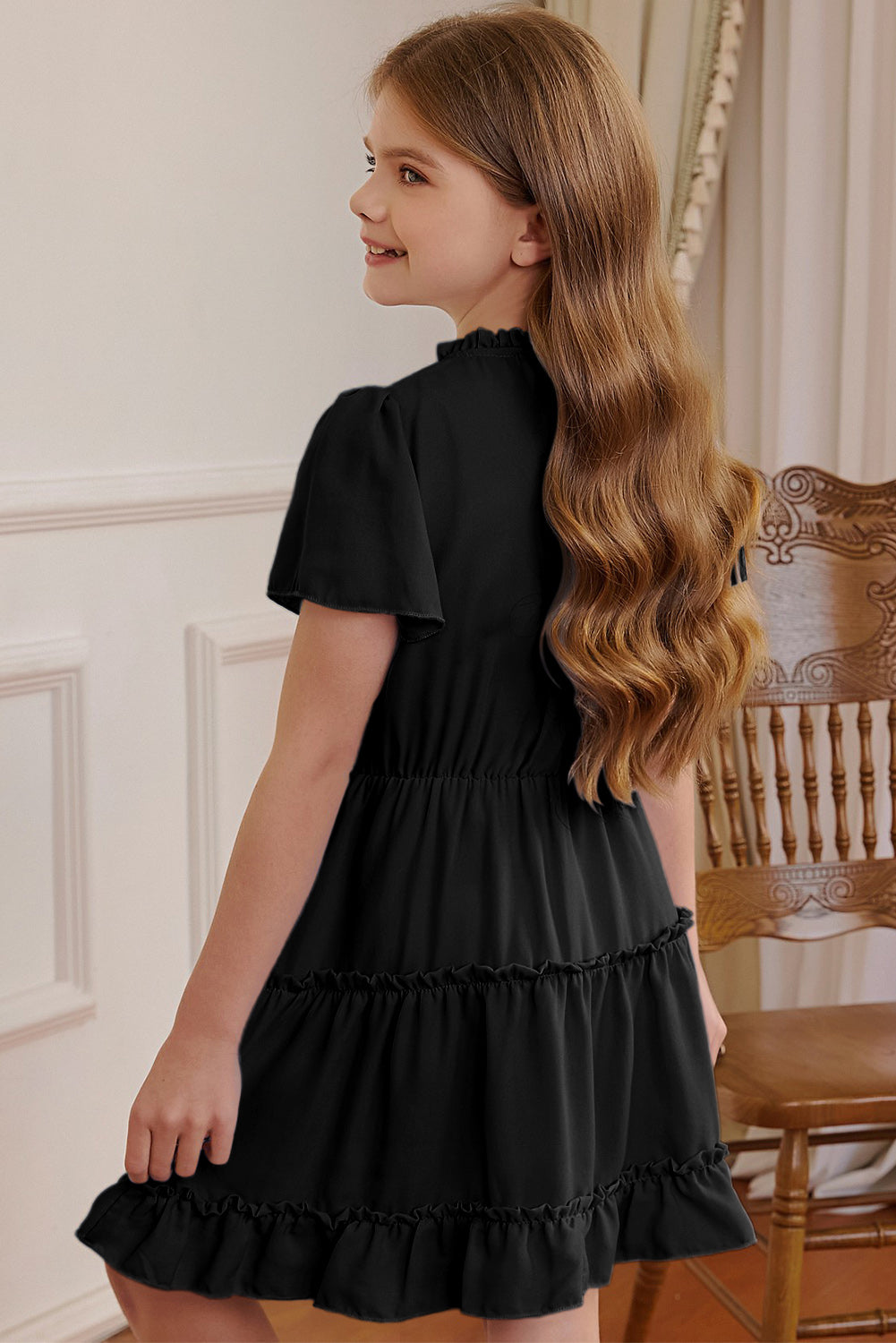 Girls Frilled Notched Neck Puff Sleeve Dress Girls Dresses JT's Designer Fashion