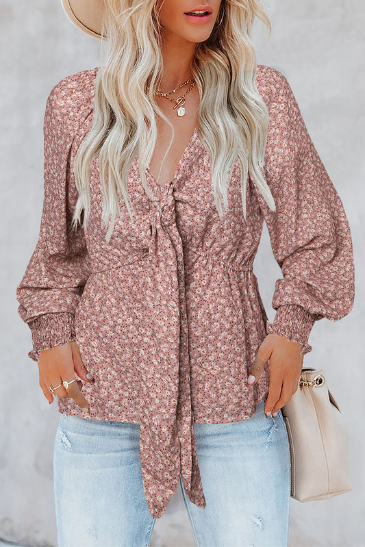 Floral Print Front Tie Ruffled Long Sleeve Blouse Blouses & Shirts JT's Designer Fashion