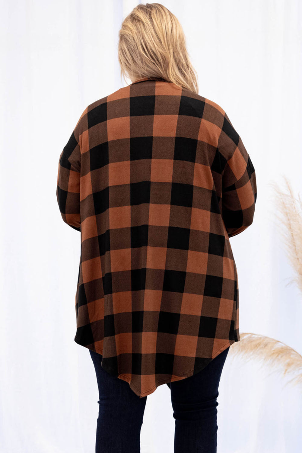 Brown Plus Size Plaid Pattern Open Front Cardigan Plus Size JT's Designer Fashion