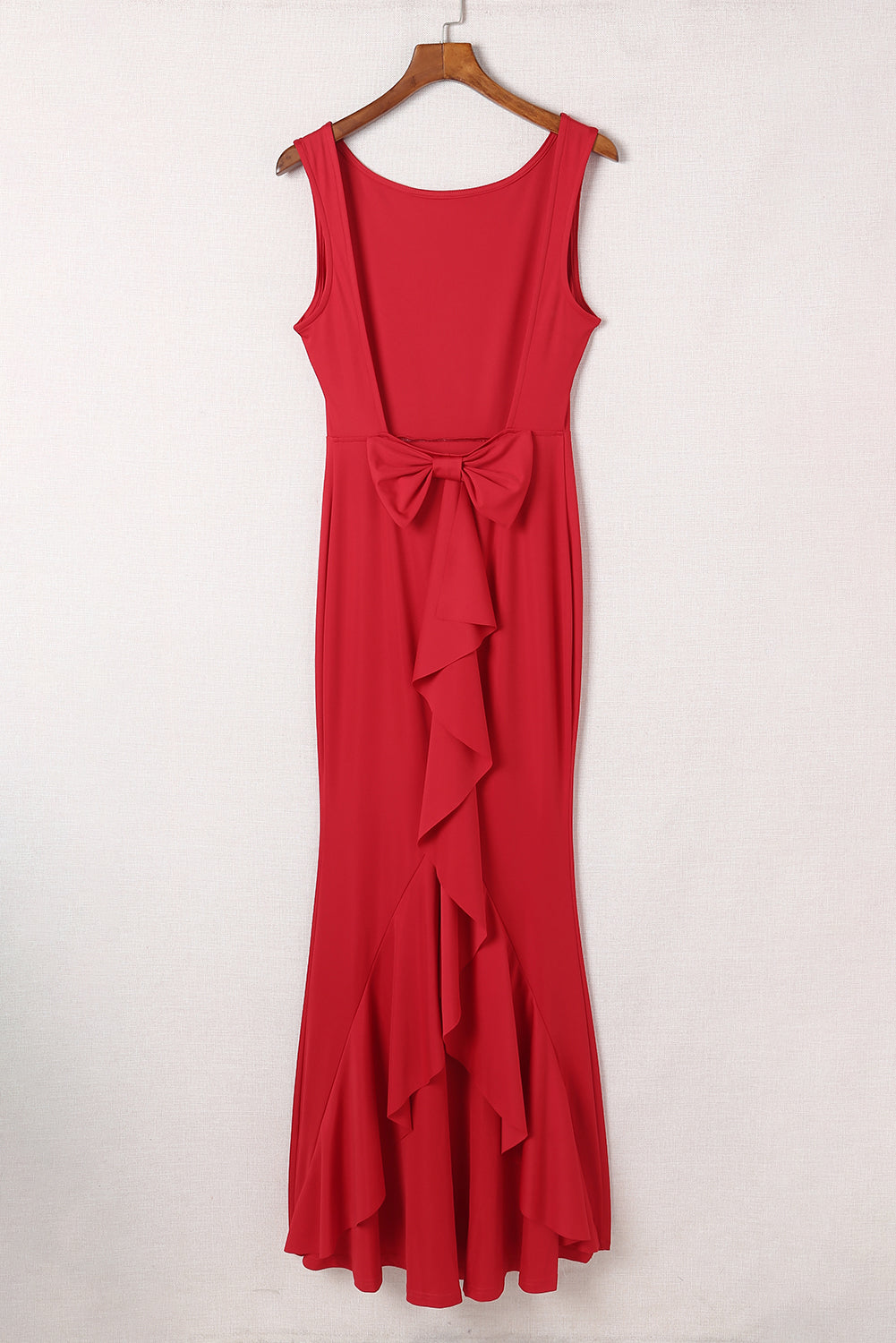 Red Bow Knot Ruffled Backless Sleeveless Gown Evening Dresses JT's Designer Fashion