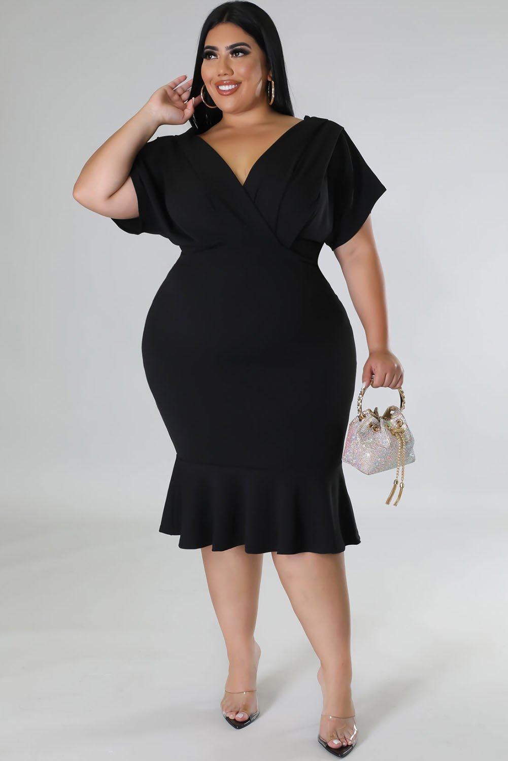 Black Plus Size Pleated V Neck Ruffle Hem Bodycon Dress Plus Size Dresses JT's Designer Fashion