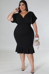 Black Plus Size Pleated V Neck Ruffle Hem Bodycon Dress Plus Size Dresses JT's Designer Fashion