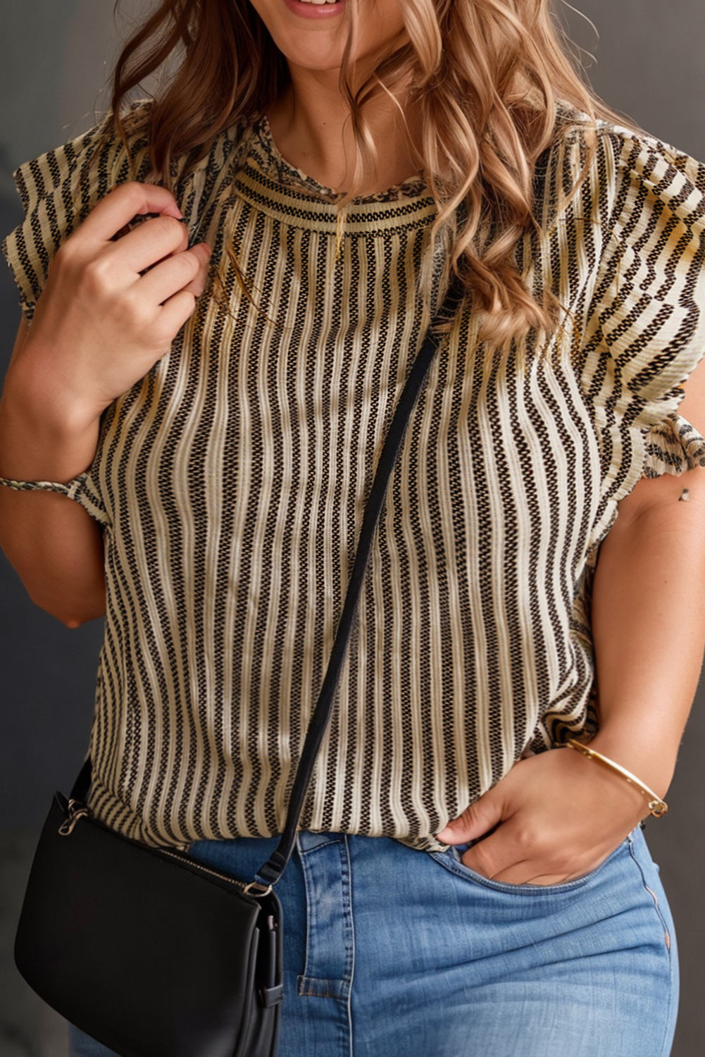 Black white Striped Print Ruffled Shoulder Plus Tank Top Plus Size JT's Designer Fashion