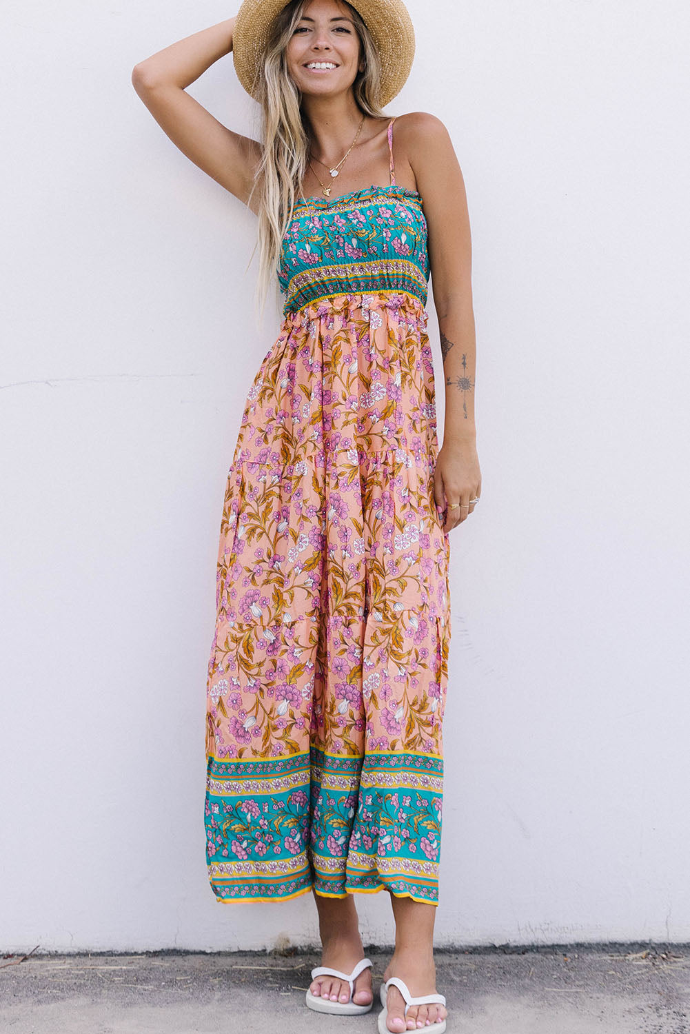 Floral Print Bodice Spaghetti Strap Maxi Dress Maxi Dresses JT's Designer Fashion